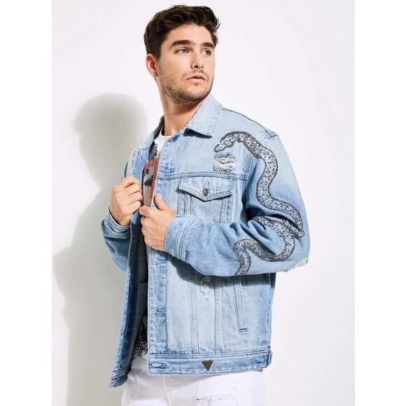 Guess Oversized Distressed Denim Jacket Beaded Snake Detail Men’s L Unisex - Picture 13 of 13